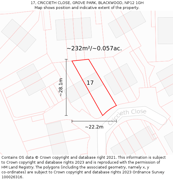 17, CRICCIETH CLOSE, GROVE PARK, BLACKWOOD, NP12 1GH: Plot and title map