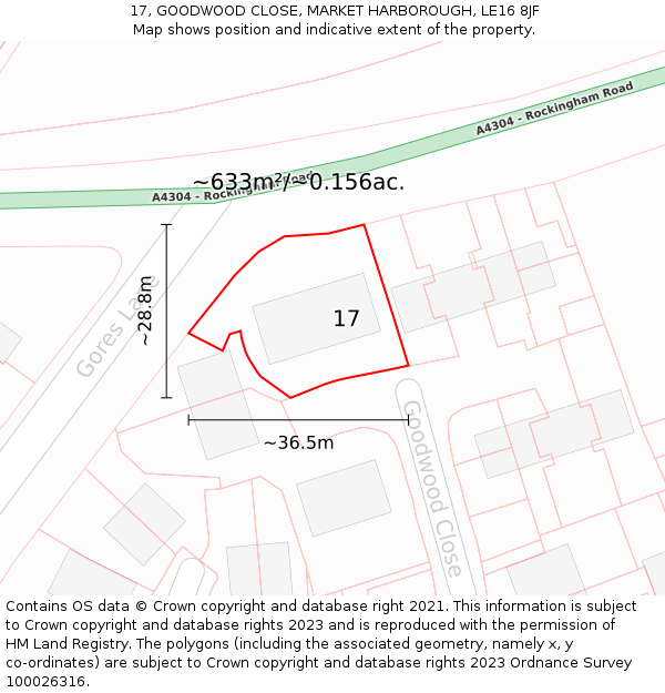 17, GOODWOOD CLOSE, MARKET HARBOROUGH, LE16 8JF: Plot and title map