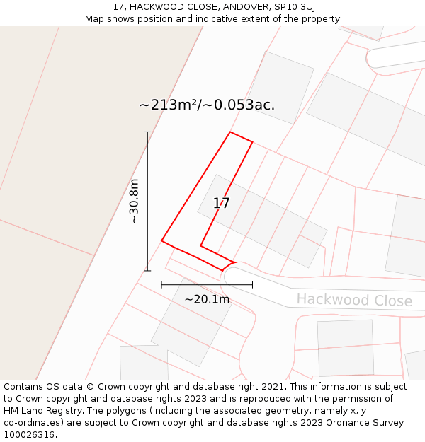 17, HACKWOOD CLOSE, ANDOVER, SP10 3UJ: Plot and title map