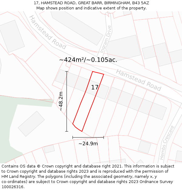 17, HAMSTEAD ROAD, GREAT BARR, BIRMINGHAM, B43 5AZ: Plot and title map