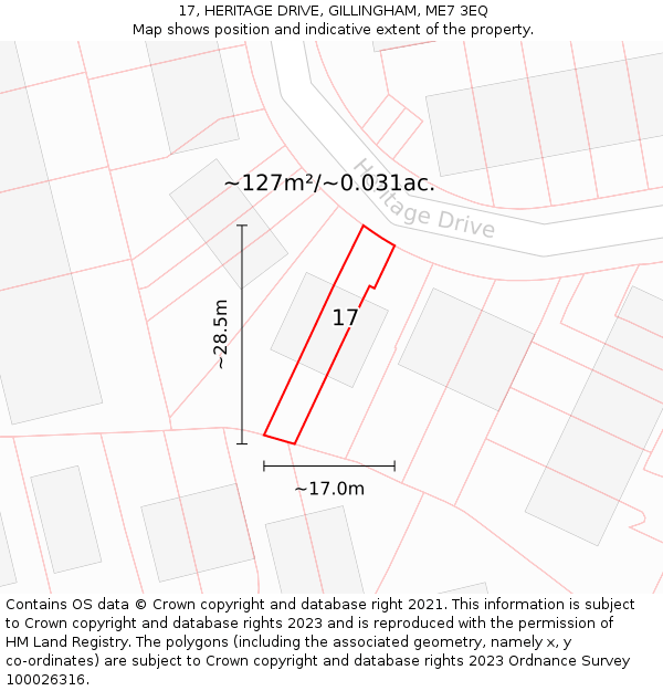 17, HERITAGE DRIVE, GILLINGHAM, ME7 3EQ: Plot and title map