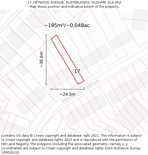 17, HEYWOOD AVENUE, AUSTERLANDS, OLDHAM, OL4 4AZ: Plot and title map
