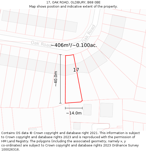 17, OAK ROAD, OLDBURY, B68 0BE: Plot and title map