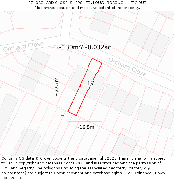 17, ORCHARD CLOSE, SHEPSHED, LOUGHBOROUGH, LE12 9UB: Plot and title map