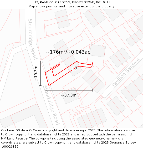 17, PAVILION GARDENS, BROMSGROVE, B61 0UH: Plot and title map