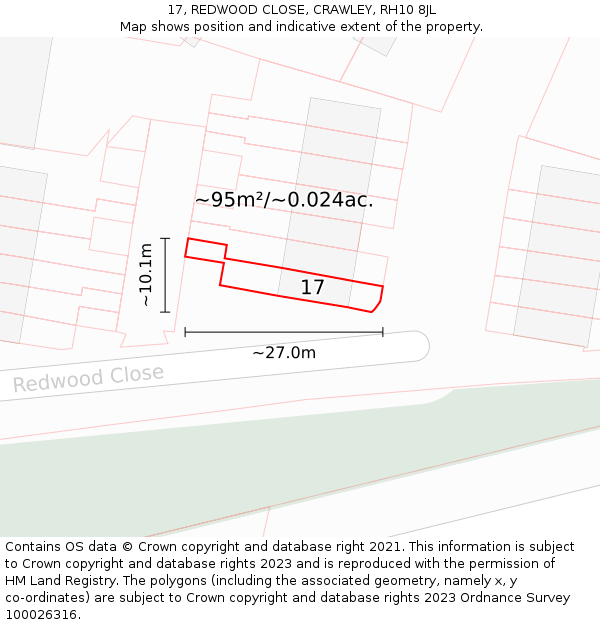 17, REDWOOD CLOSE, CRAWLEY, RH10 8JL: Plot and title map