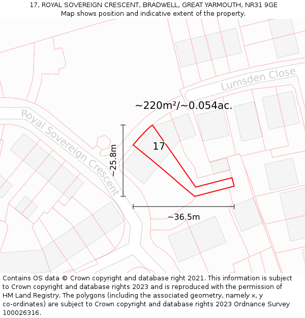 17, ROYAL SOVEREIGN CRESCENT, BRADWELL, GREAT YARMOUTH, NR31 9GE: Plot and title map