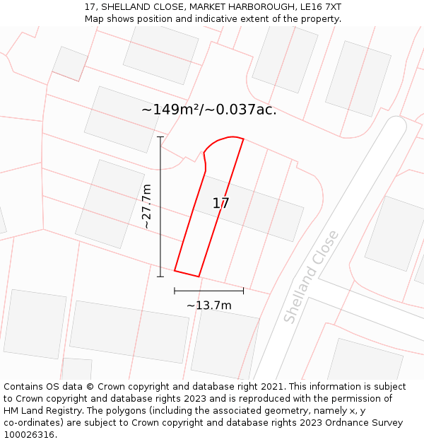 17, SHELLAND CLOSE, MARKET HARBOROUGH, LE16 7XT: Plot and title map