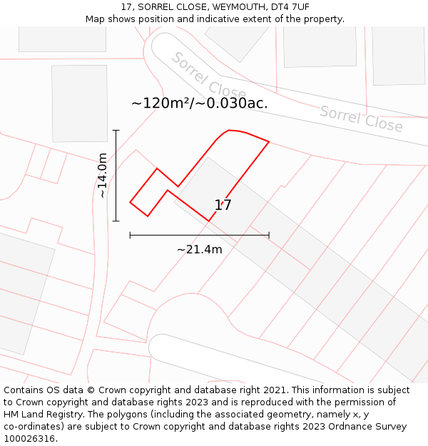 17, SORREL CLOSE, WEYMOUTH, DT4 7UF: Plot and title map