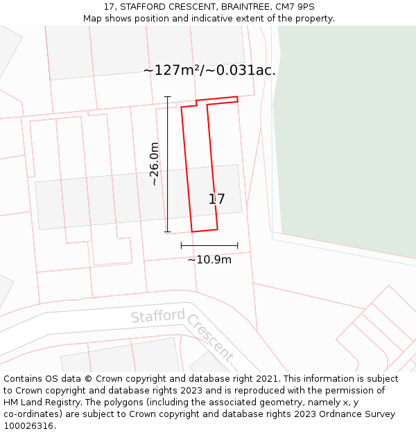 17, STAFFORD CRESCENT, BRAINTREE, CM7 9PS: Plot and title map