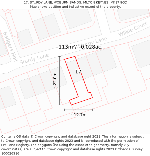 17, STURDY LANE, WOBURN SANDS, MILTON KEYNES, MK17 8GD: Plot and title map
