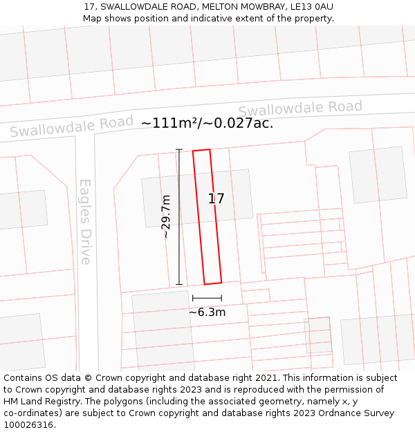 17, SWALLOWDALE ROAD, MELTON MOWBRAY, LE13 0AU: Plot and title map