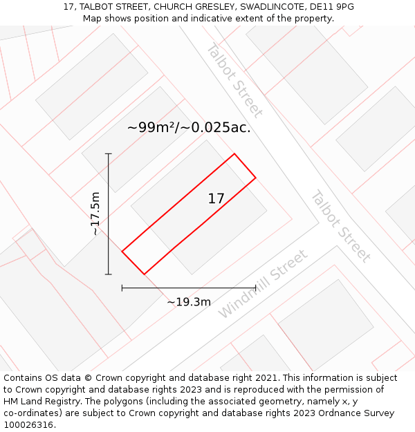 17, TALBOT STREET, CHURCH GRESLEY, SWADLINCOTE, DE11 9PG: Plot and title map