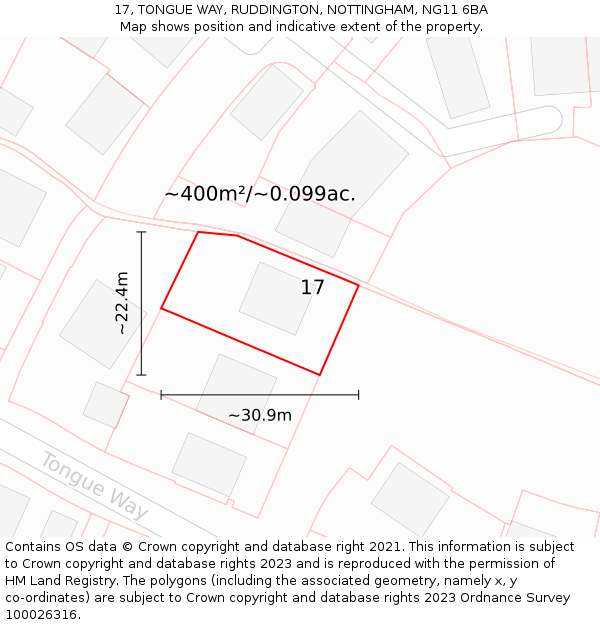 17, TONGUE WAY, RUDDINGTON, NOTTINGHAM, NG11 6BA: Plot and title map