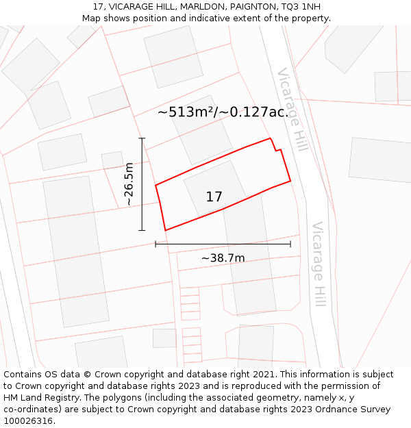 17, VICARAGE HILL, MARLDON, PAIGNTON, TQ3 1NH: Plot and title map