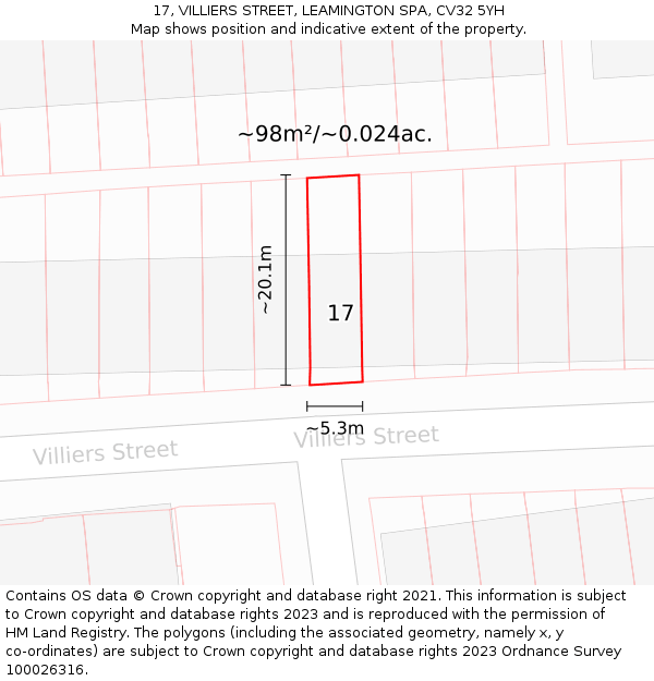 17, VILLIERS STREET, LEAMINGTON SPA, CV32 5YH: Plot and title map