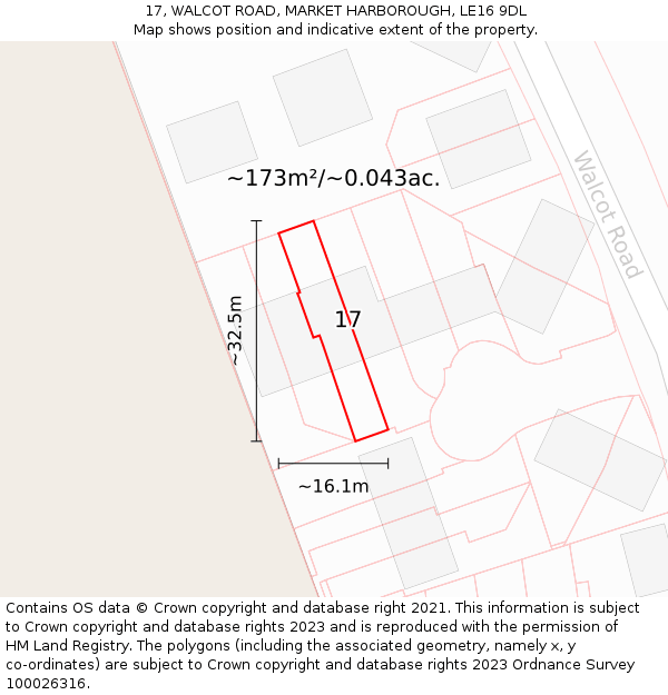 17, WALCOT ROAD, MARKET HARBOROUGH, LE16 9DL: Plot and title map