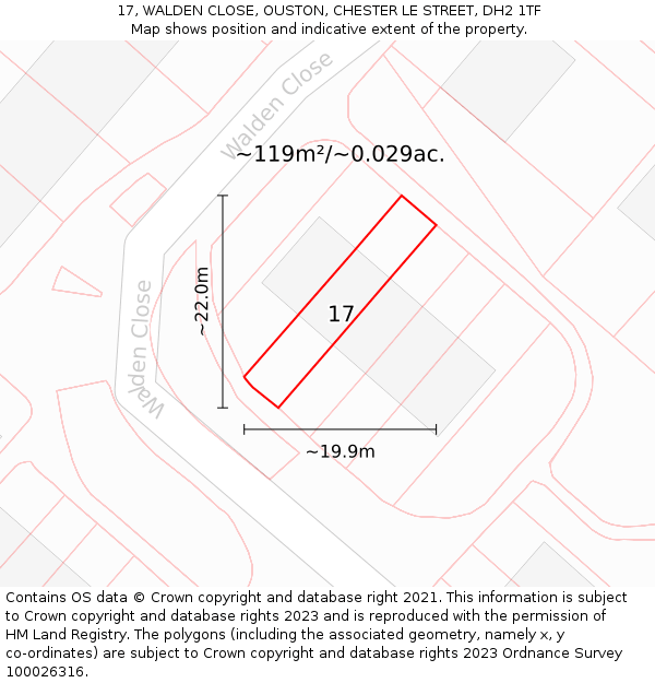17, WALDEN CLOSE, OUSTON, CHESTER LE STREET, DH2 1TF: Plot and title map