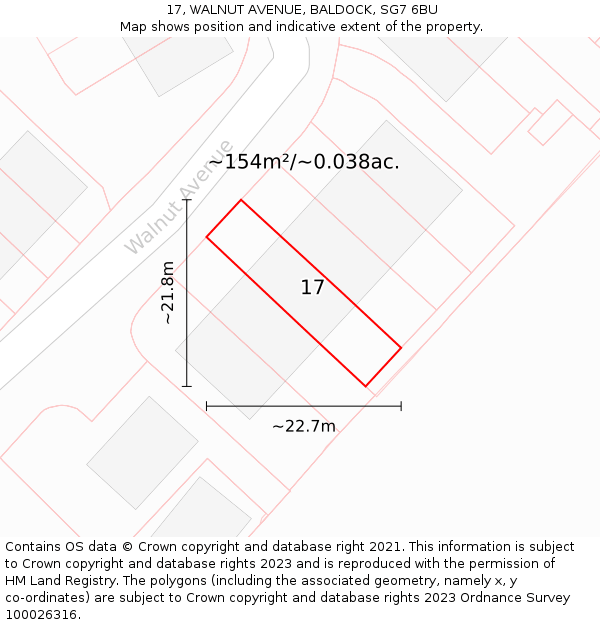 17, WALNUT AVENUE, BALDOCK, SG7 6BU: Plot and title map