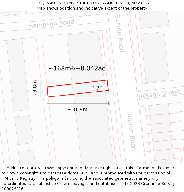 171, BARTON ROAD, STRETFORD, MANCHESTER, M32 8DN: Plot and title map
