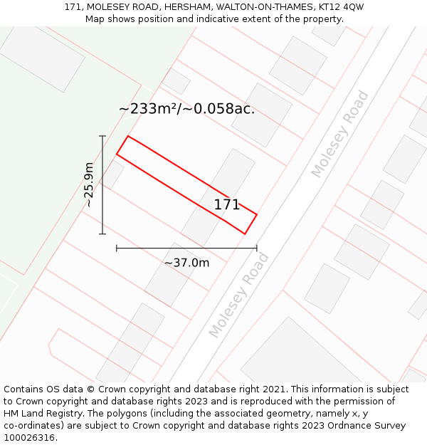171, MOLESEY ROAD, HERSHAM, WALTON-ON-THAMES, KT12 4QW: Plot and title map