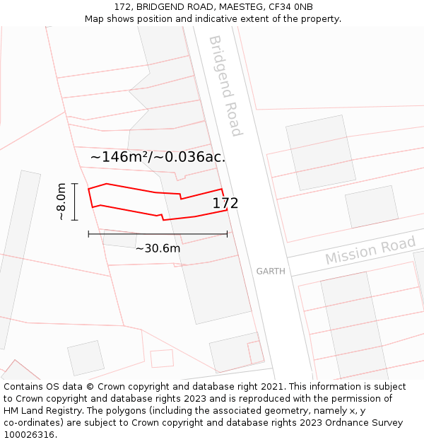 172, BRIDGEND ROAD, MAESTEG, CF34 0NB: Plot and title map