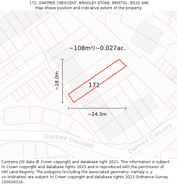 172, OAKTREE CRESCENT, BRADLEY STOKE, BRISTOL, BS32 9AE: Plot and title map