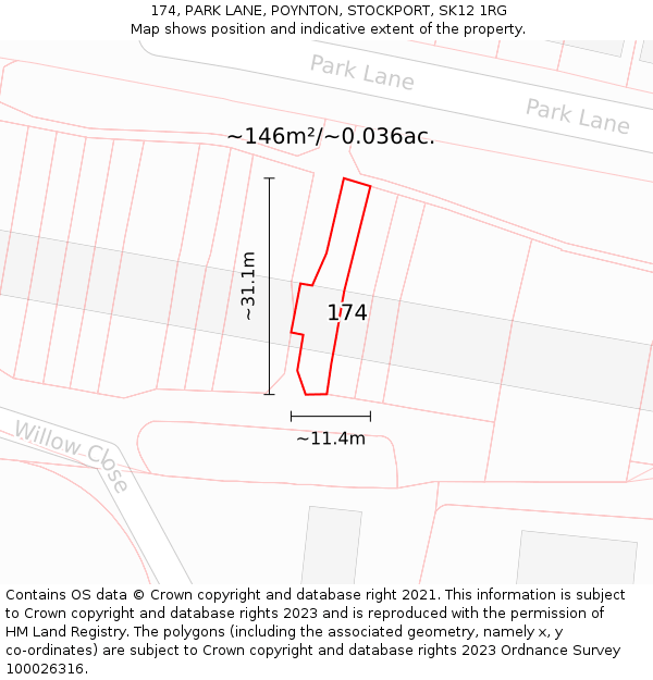 174, PARK LANE, POYNTON, STOCKPORT, SK12 1RG: Plot and title map