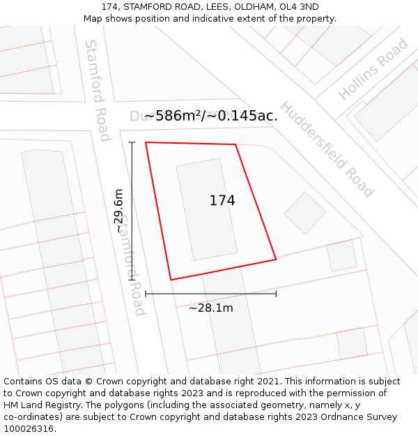 174, STAMFORD ROAD, LEES, OLDHAM, OL4 3ND: Plot and title map