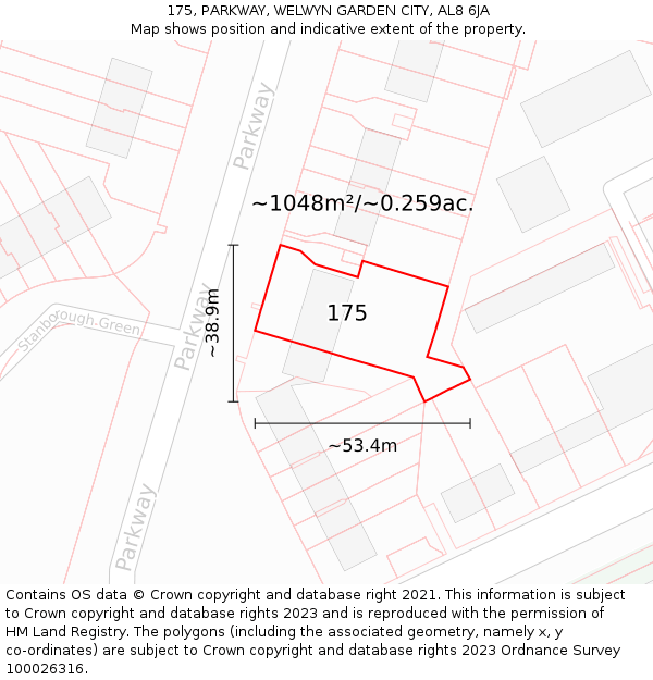 175, PARKWAY, WELWYN GARDEN CITY, AL8 6JA: Plot and title map