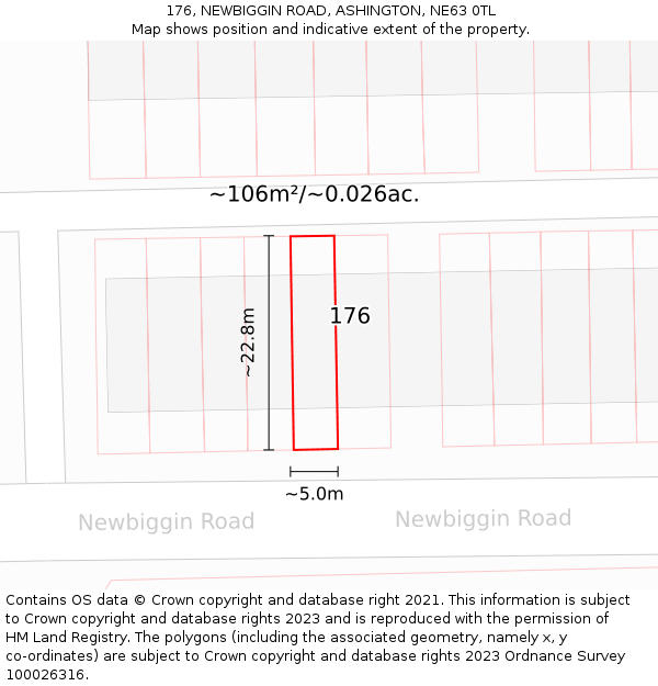 176, NEWBIGGIN ROAD, ASHINGTON, NE63 0TL: Plot and title map