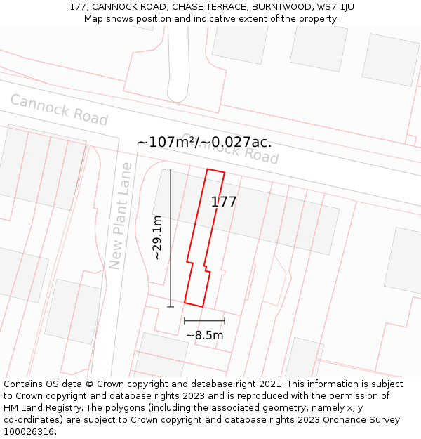 177, CANNOCK ROAD, CHASE TERRACE, BURNTWOOD, WS7 1JU: Plot and title map