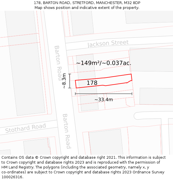 178, BARTON ROAD, STRETFORD, MANCHESTER, M32 8DP: Plot and title map