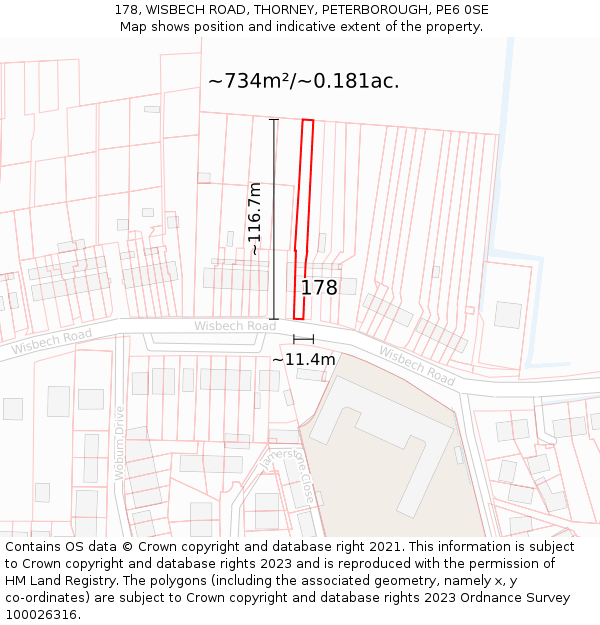 178, WISBECH ROAD, THORNEY, PETERBOROUGH, PE6 0SE: Plot and title map