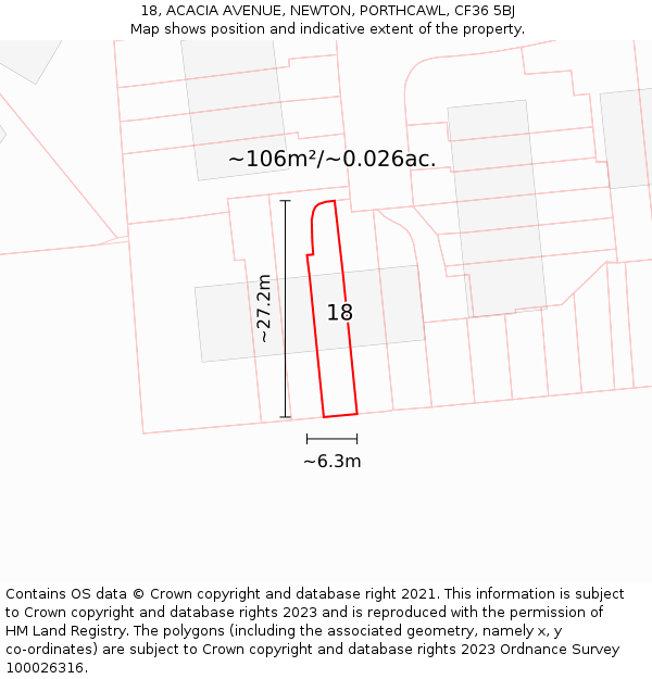 18, ACACIA AVENUE, NEWTON, PORTHCAWL, CF36 5BJ: Plot and title map