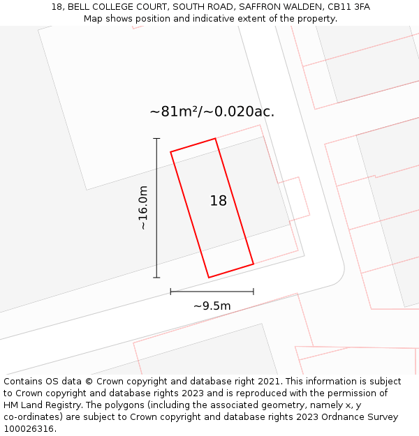 18, BELL COLLEGE COURT, SOUTH ROAD, SAFFRON WALDEN, CB11 3FA: Plot and title map