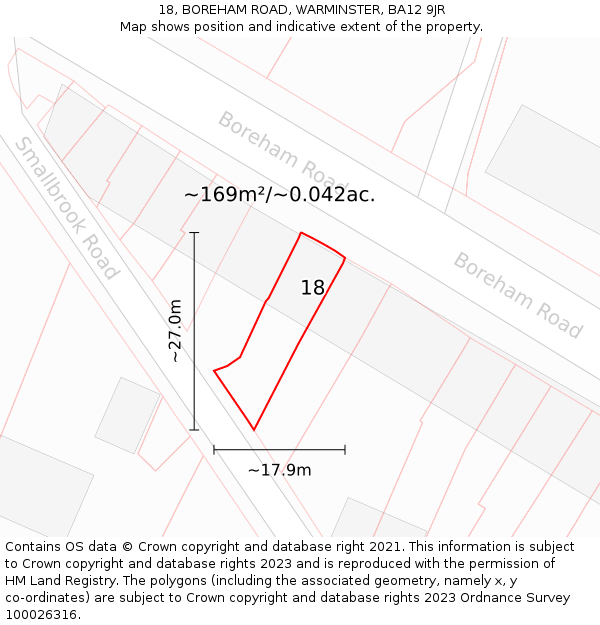 18, BOREHAM ROAD, WARMINSTER, BA12 9JR: Plot and title map