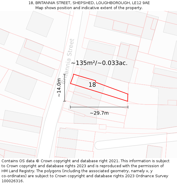 18, BRITANNIA STREET, SHEPSHED, LOUGHBOROUGH, LE12 9AE: Plot and title map