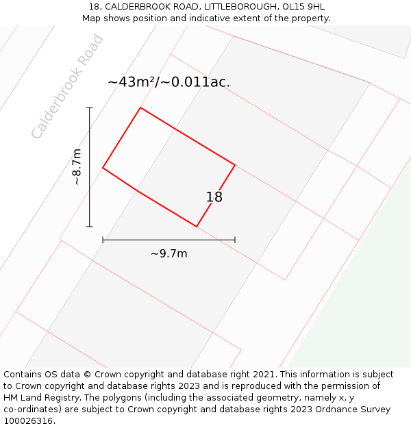 18, CALDERBROOK ROAD, LITTLEBOROUGH, OL15 9HL: Plot and title map