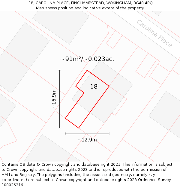 18, CAROLINA PLACE, FINCHAMPSTEAD, WOKINGHAM, RG40 4PQ: Plot and title map