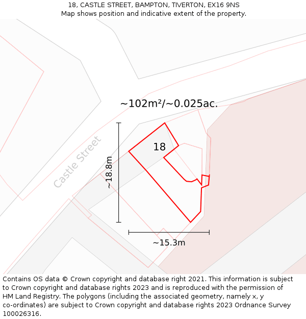 18, CASTLE STREET, BAMPTON, TIVERTON, EX16 9NS: Plot and title map