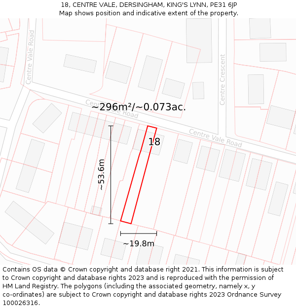 18, CENTRE VALE, DERSINGHAM, KING'S LYNN, PE31 6JP: Plot and title map