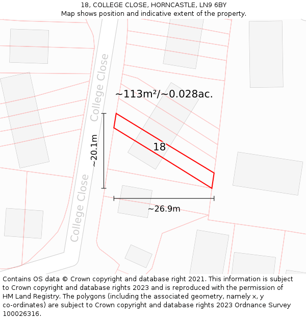 18, COLLEGE CLOSE, HORNCASTLE, LN9 6BY: Plot and title map