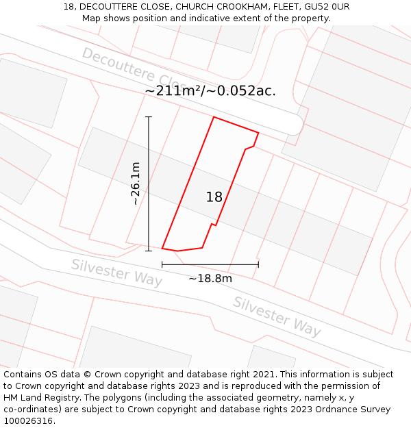 18, DECOUTTERE CLOSE, CHURCH CROOKHAM, FLEET, GU52 0UR: Plot and title map