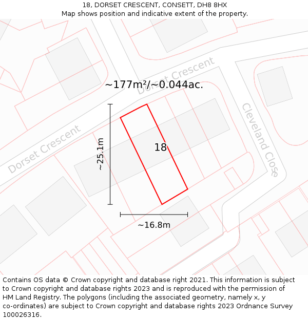 18, DORSET CRESCENT, CONSETT, DH8 8HX: Plot and title map