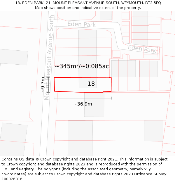 18, EDEN PARK, 21, MOUNT PLEASANT AVENUE SOUTH, WEYMOUTH, DT3 5FQ: Plot and title map