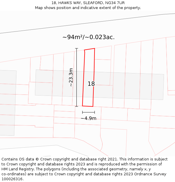 18, HAWKS WAY, SLEAFORD, NG34 7UR: Plot and title map