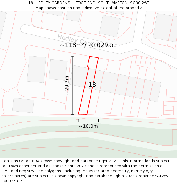 18, HEDLEY GARDENS, HEDGE END, SOUTHAMPTON, SO30 2WT: Plot and title map