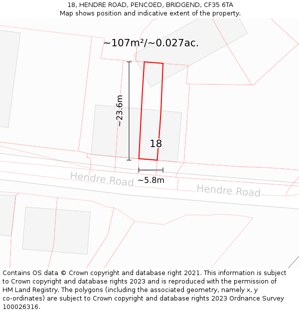 18, HENDRE ROAD, PENCOED, BRIDGEND, CF35 6TA: Plot and title map