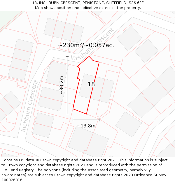 18, INCHBURN CRESCENT, PENISTONE, SHEFFIELD, S36 6FE: Plot and title map